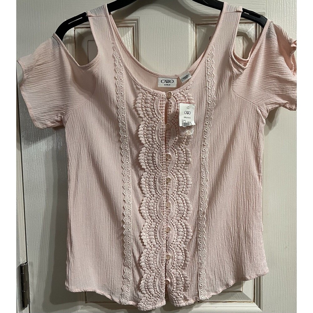 Cato Girls L 14/16 NWT Cold Shoulder Blouse Peachy Pink Crochet Lace Boho